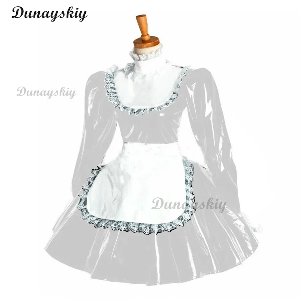 Puff Long Sleeve Gothic Mini Dress Cosplay Women Lolita Bowknot Lace Apron Dress PVC Wetlook Maid Cosplay Halloween Maid costume
