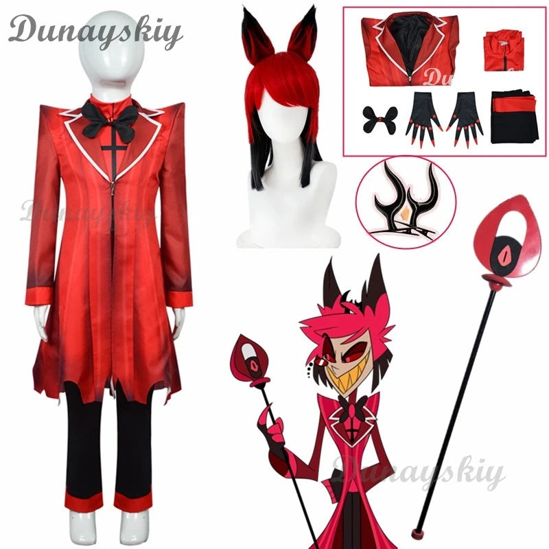 ALASTOR Cosplay Kids Size Hazbbin Anime Cosplay Costume Wig Ears Hotel Accessories Halloween Uniform Men Women Jacket Red Suit