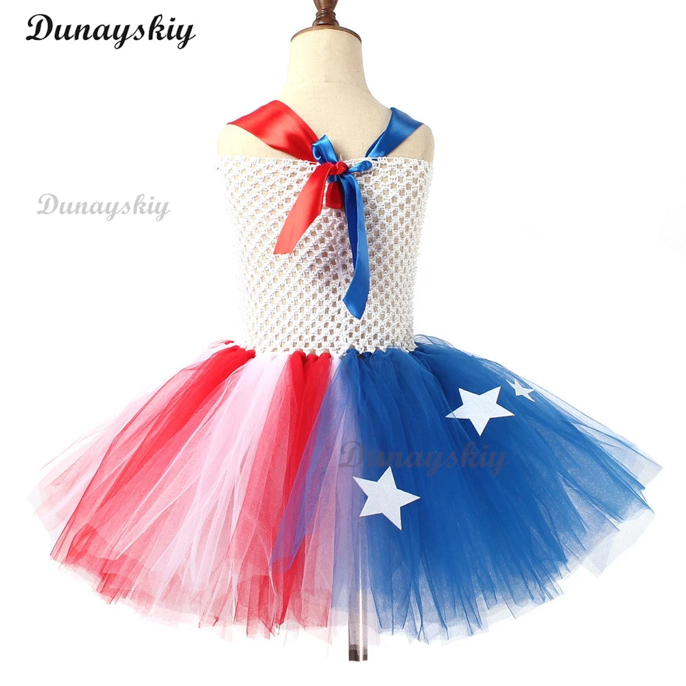 American Flag Sequin Bow Cosplay Costume Girls Tutu Dress USA Independence Day Stars Carnival Holiday Outfit Patriotic Clothes