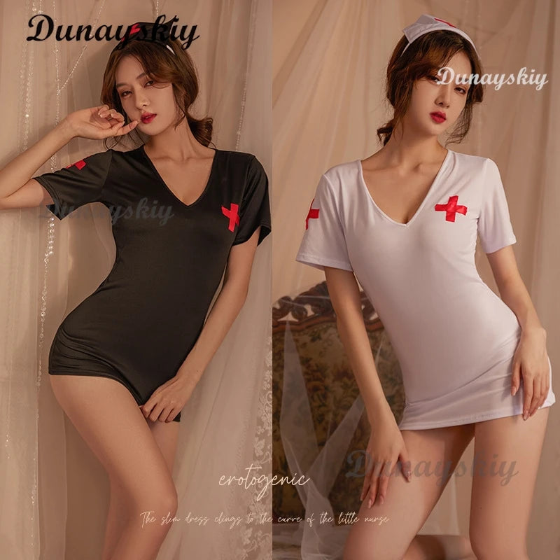Temptation Nurse Outfit Cosplay Costume Sex Underwear Hip-Length Pink Black White Sexy Hot Nurse Lingerie Cosplay Women Charming