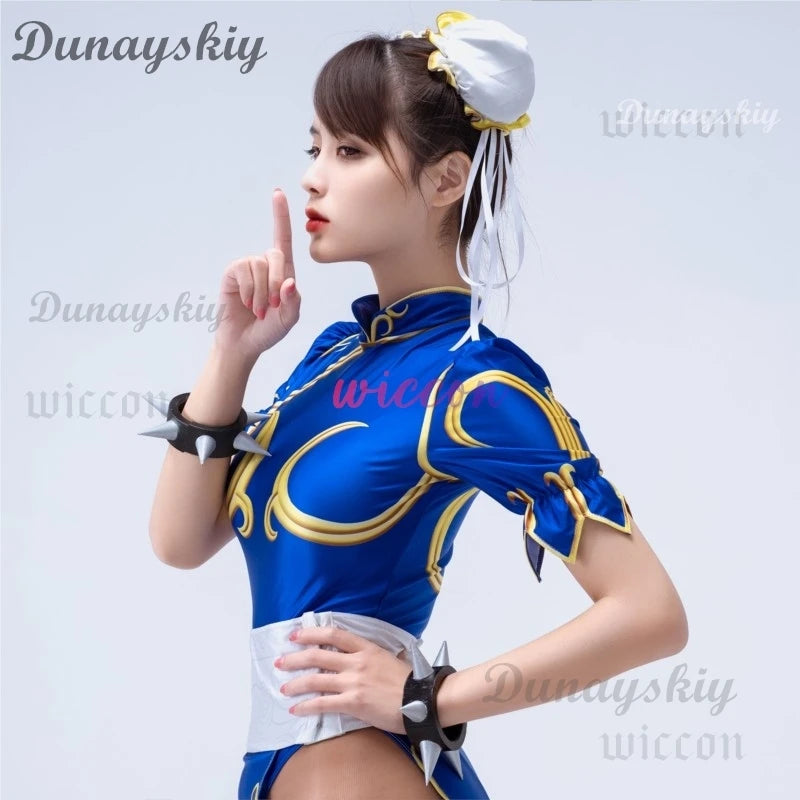 Games Chun Li Cosplay Costumes Sutorito Faita Blue Cheongsam Dress Women Sexy Bodysuit Headwear Suit Halloween Carnival Clothing