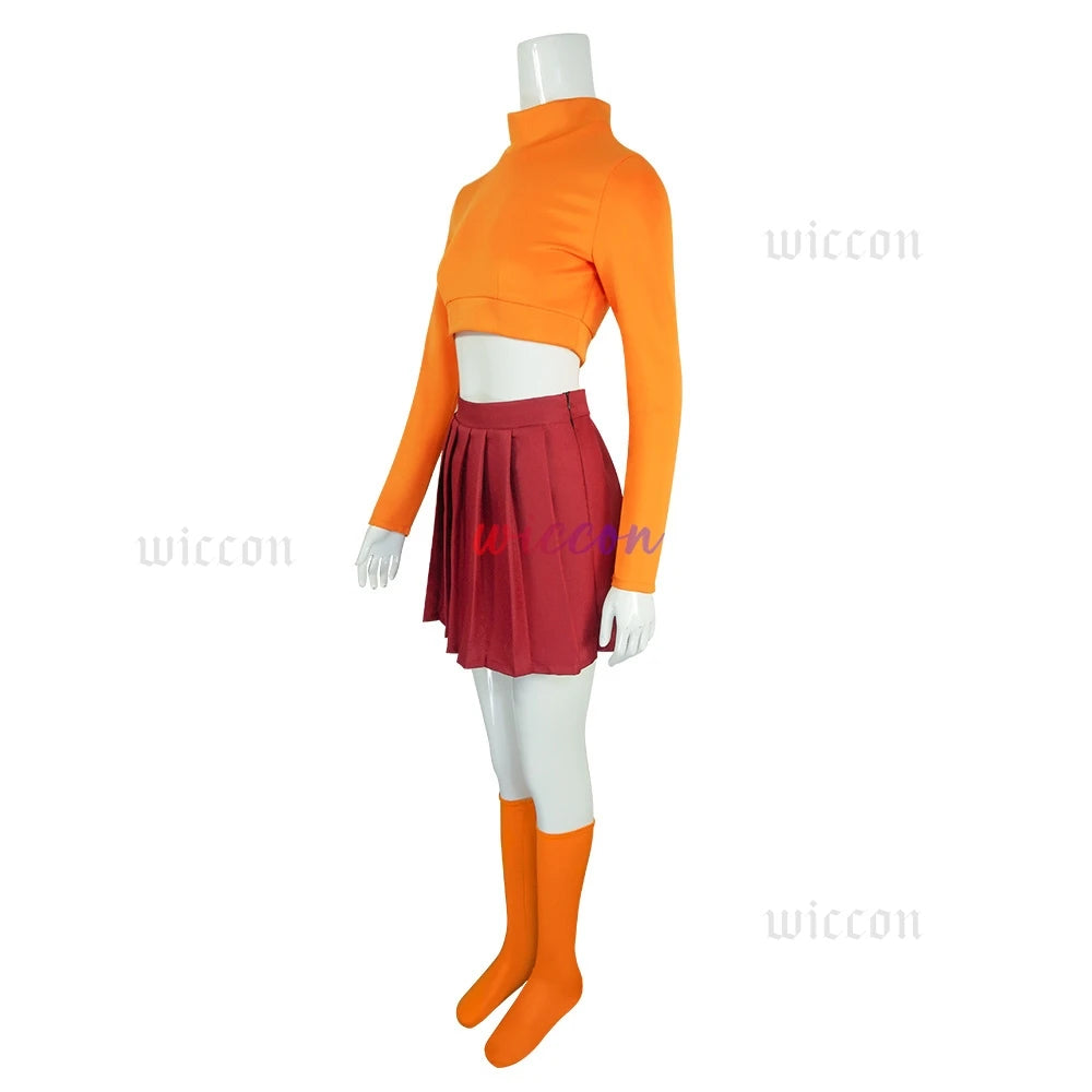 Anime Velma Seragam Cosplay Kostum Orange Short Skirt Uniform Wanita Oranye Kaus Kaki Rok Atas Halloween Party Carnival Set