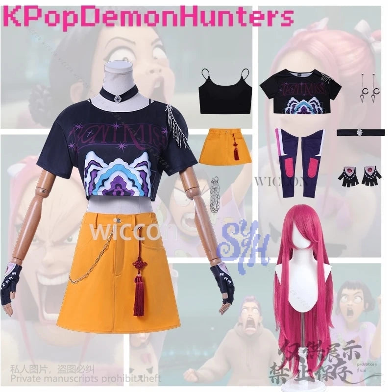 Huntrix Mira Cosplay Anime Movie Demon Kpop Idol Stage Costume Girls Power Groups Cos Mini Dress Jirai Kei Uniform Wig Halloween