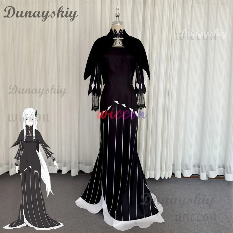 Anime Re:Life in A Different World From Zero Echidna Cosplay Costume Black Evening Dress Long Skirt Wig Woman Sexy Carnival Suit