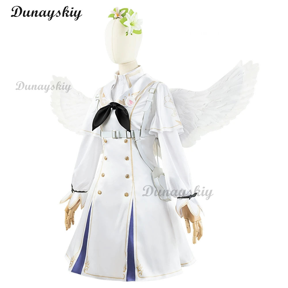 Anime Game Blue Archive Cosplay Kirihuji Nagisa White Dress Wing Women Girl Halloween Cosplay Costume Flower Headwear Halo Wig