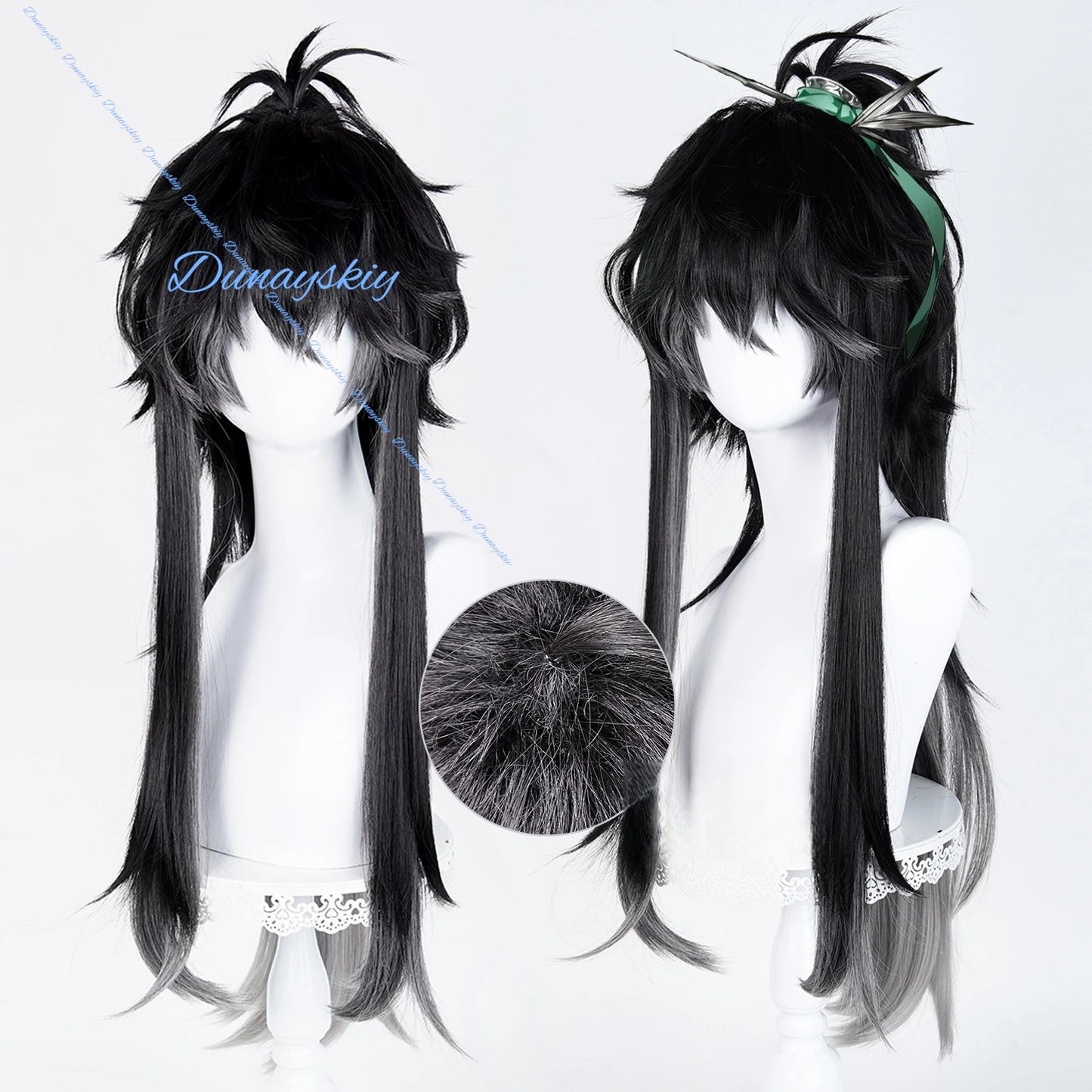 Game Wuthering Waves Qiuyuan Cosplay Wig Props Gray-black Long Hair Festival Halloween Party for Women Men Carnival Accessory
