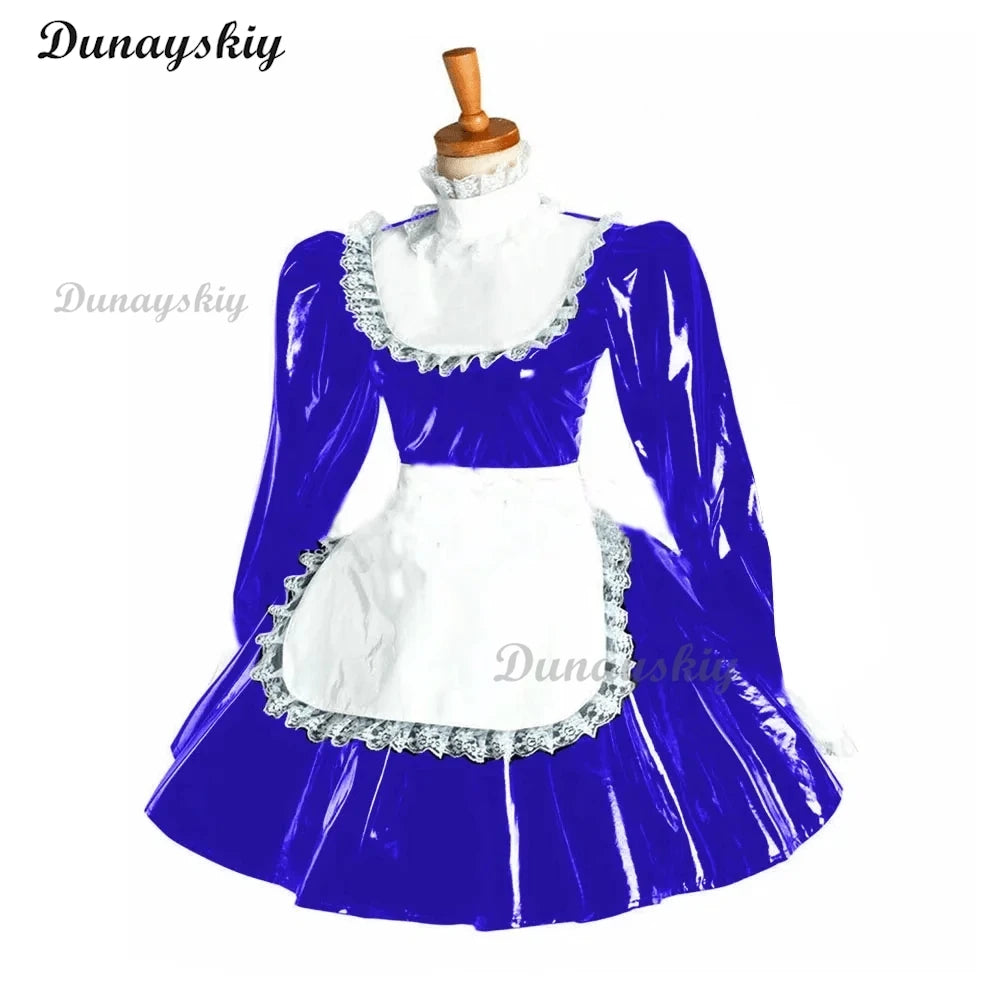 Puff Long Sleeve Gothic Mini Dress Cosplay Women Lolita Bowknot Lace Apron Dress PVC Wetlook Maid Cosplay Halloween Maid costume