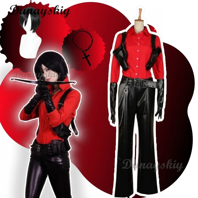 Resident 6 Ada Wong Cosplay Costume Wig Prop Evil Red Shirt Pants Halloween Carnival Disguise Suit Women Girls Customized