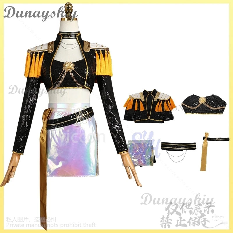 Korea Idol Girls Uniform Kpop Demon Cosplay Mira Huntrix Golden Stage Costume Black Punk Coat Mini Dress Lolita 코스프레 Halloween
