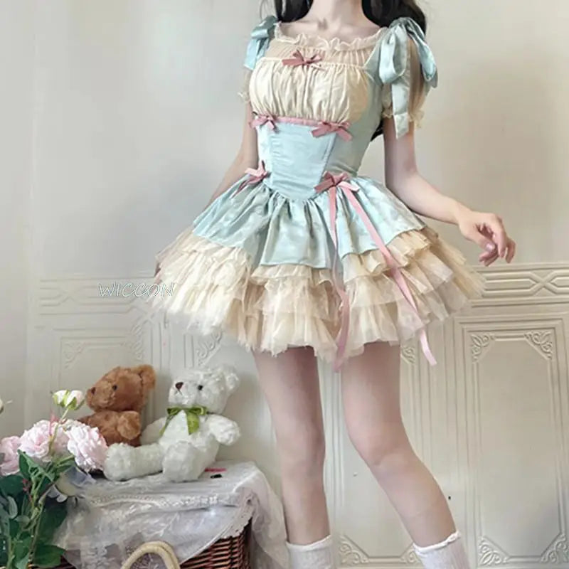 Japanese Lolita Jsk Dress Sweet Women Vintage Bow Ribbon Party Princess Dresses Girls Kawaii Ballet Style Mesh Y2k Mini Dress