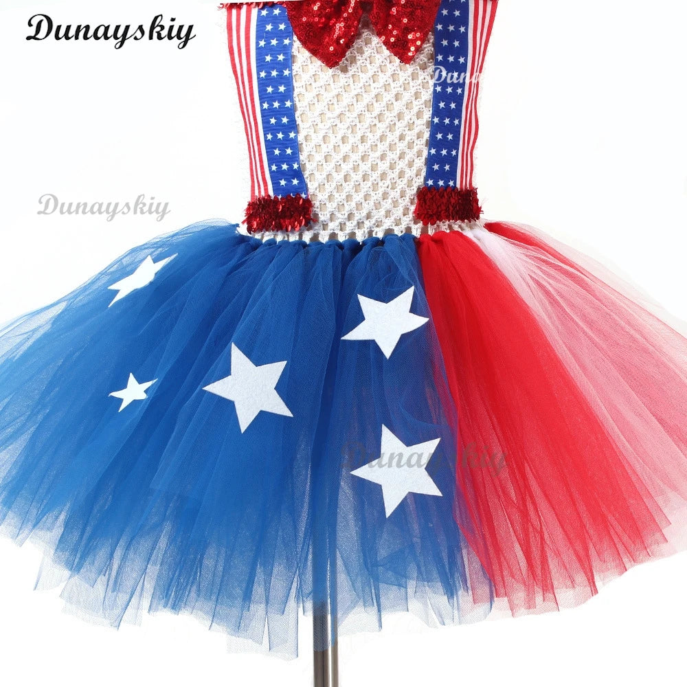 American Flag Sequin Bow Cosplay Costume Girls Tutu Dress USA Independence Day Stars Carnival Holiday Outfit Patriotic Clothes