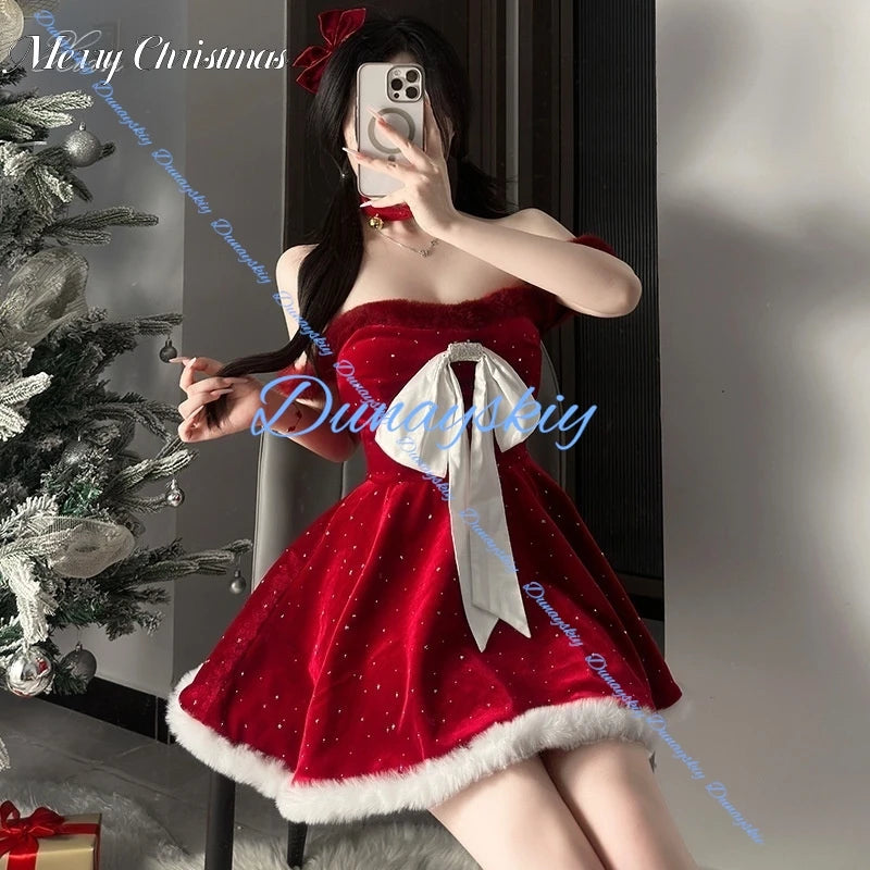 Sexy Velvet Christmas Costume Red Dress Role-playing Dreamy Festive Outfit Women's Modern Dance Special Use Clothing
