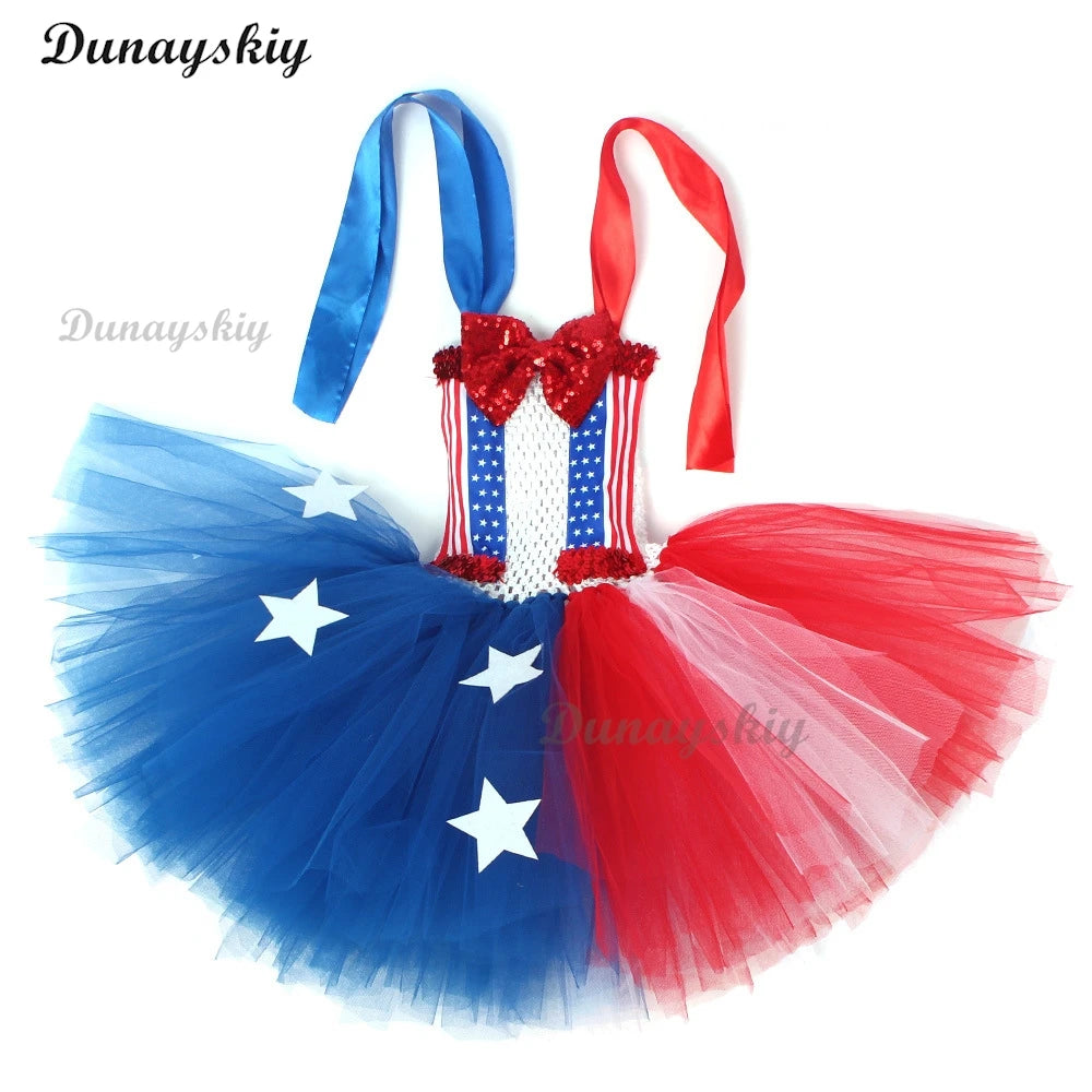 American Flag Sequin Bow Cosplay Costume Girls Tutu Dress USA Independence Day Stars Carnival Holiday Outfit Patriotic Clothes