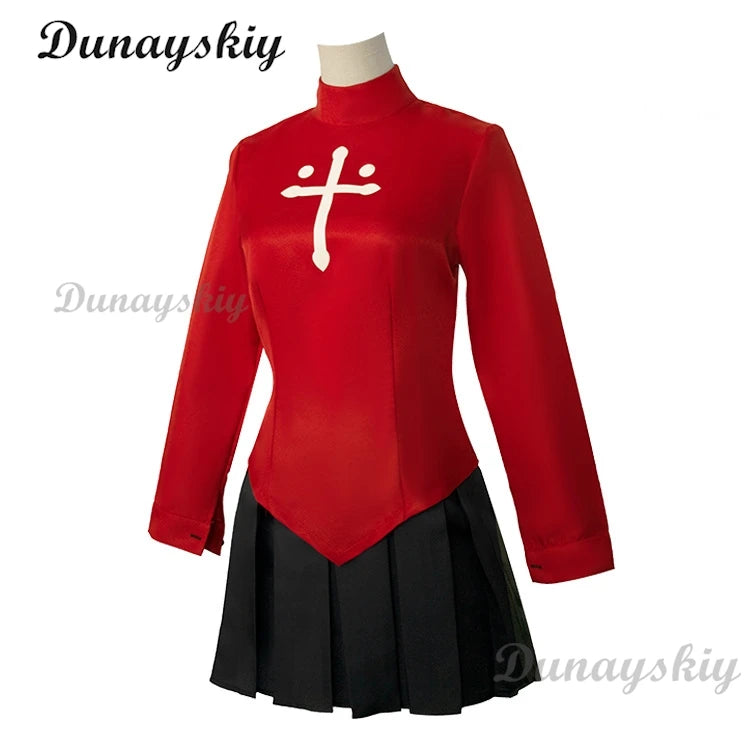 Anime Fate Stay Night Tohsaka Rin Cosplay Costumes Girl Red Shirt Skirt Women Halloween Costumes Dress Headwear Role Play
