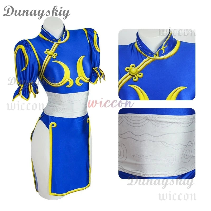 Games Chun Li Cosplay Costumes Sutorito Faita Blue Cheongsam Dress Women Sexy Bodysuit Headwear Suit Halloween Carnival Clothing
