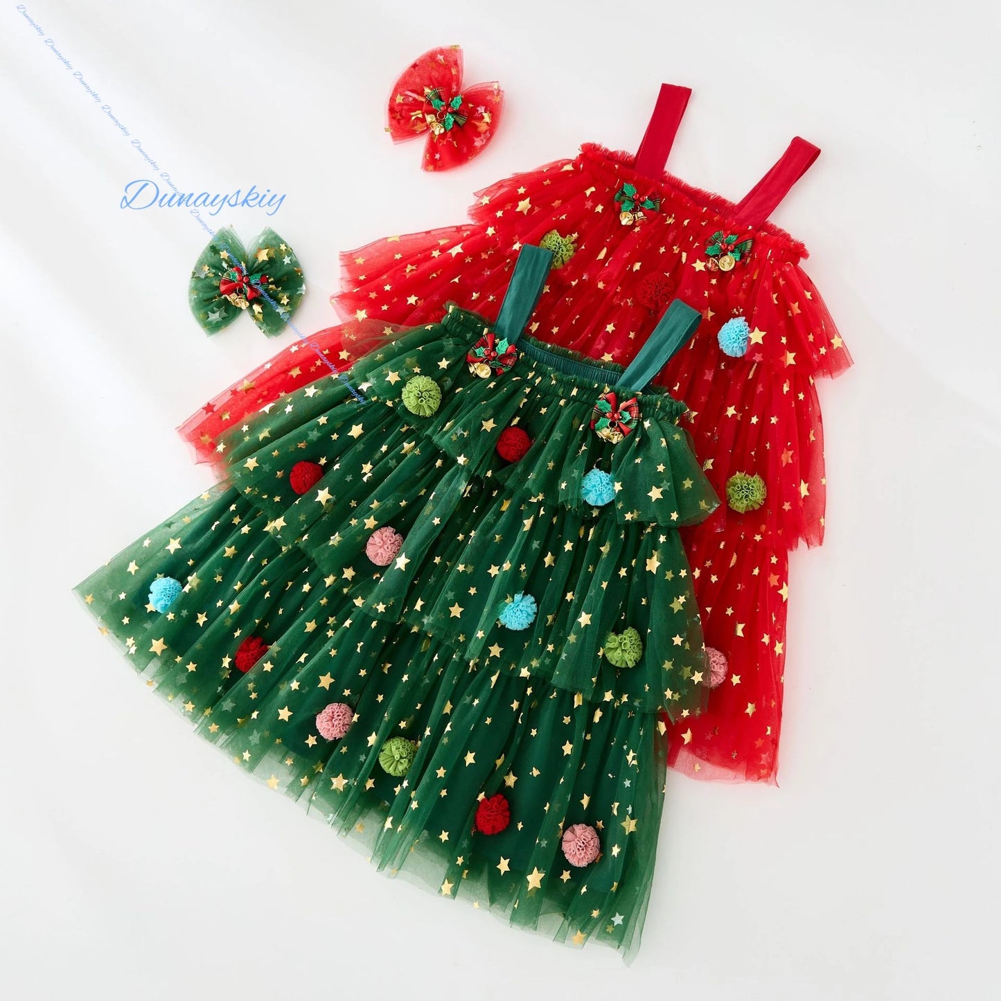 Christmas Kids Girl Stars Dress Cosplay Baby Dresses for Girls Sleeveless Red Green Party Layered Tulle Dress Xmas Clothes