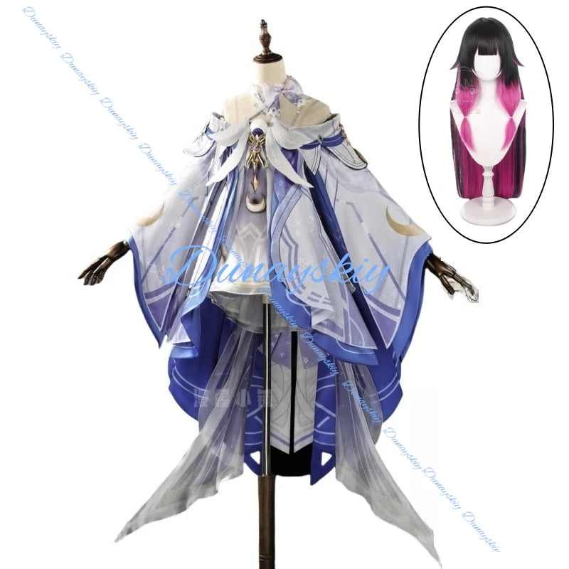 Genshin Impact Columbina Cosplay Costume Wig Headwear The Damselette Dress Uniform Eleven Fatui Harbingers Halloween Party