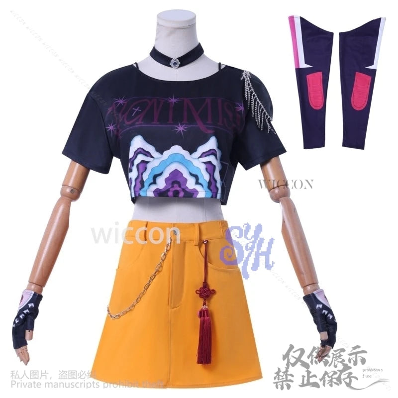 Huntrix Mira Cosplay Anime Movie Demon Kpop Idol Stage Costume Girls Power Groups Cos Mini Dress Jirai Kei Uniform Wig Halloween