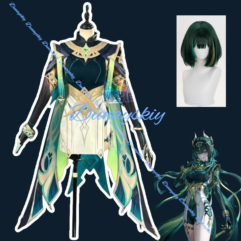Genshin Impact Nefer Cosplay Costume Wig Uniform Five-star Dendro Catalyst Halloween Party Women Girls Game Accessory Prop