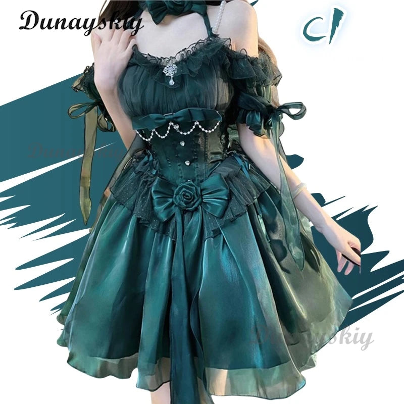 Exquisite Elegant Green Lolita Dress High Waist Slim Fit Bow Off -The-Shoulder Neck Suspender Dress Wedding Dress Customized