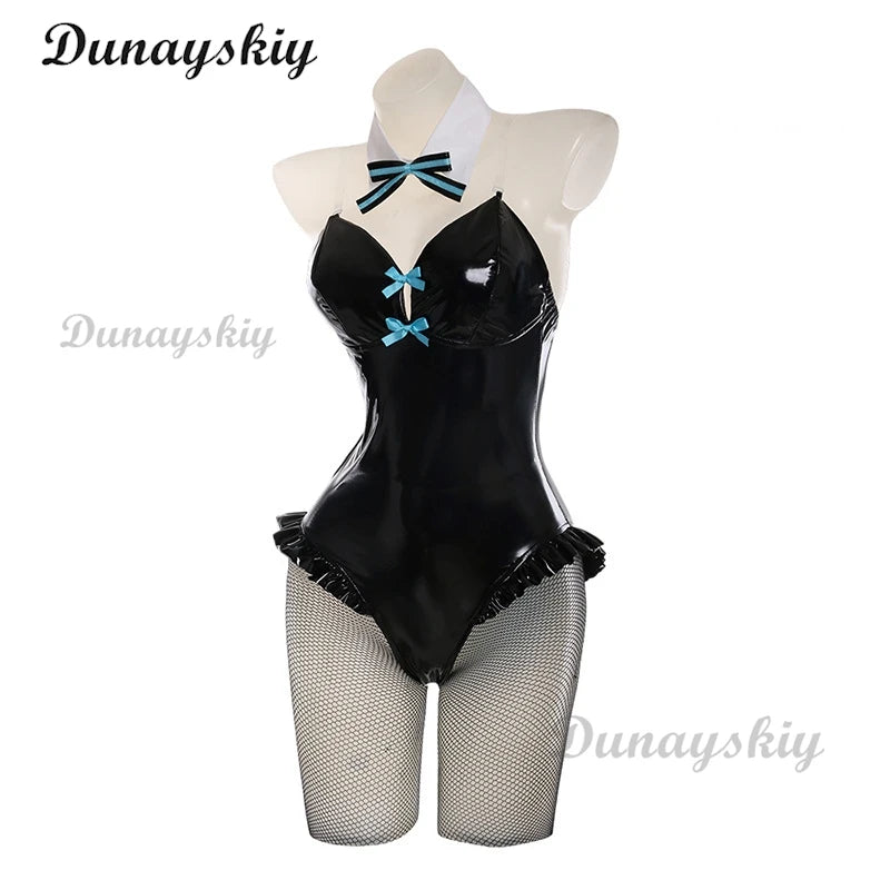 Anime Chuyin Rabbit Cosplay hole Black Leather Bunny Girl Sexy Cute Halloween Cosplay Costume Headdresses Clothes Bows girl Wig