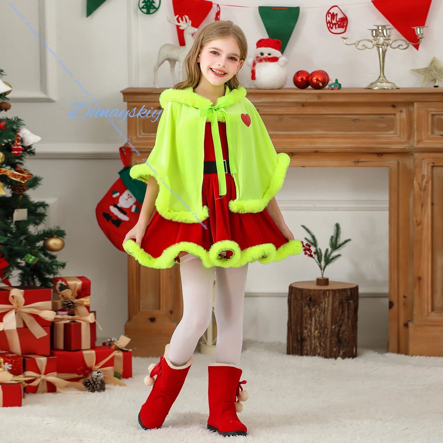 Kids Themed Christmas Costume Dress Green Cape Red Dress Style Santa Children Clothing Christmas Party Outfit costume