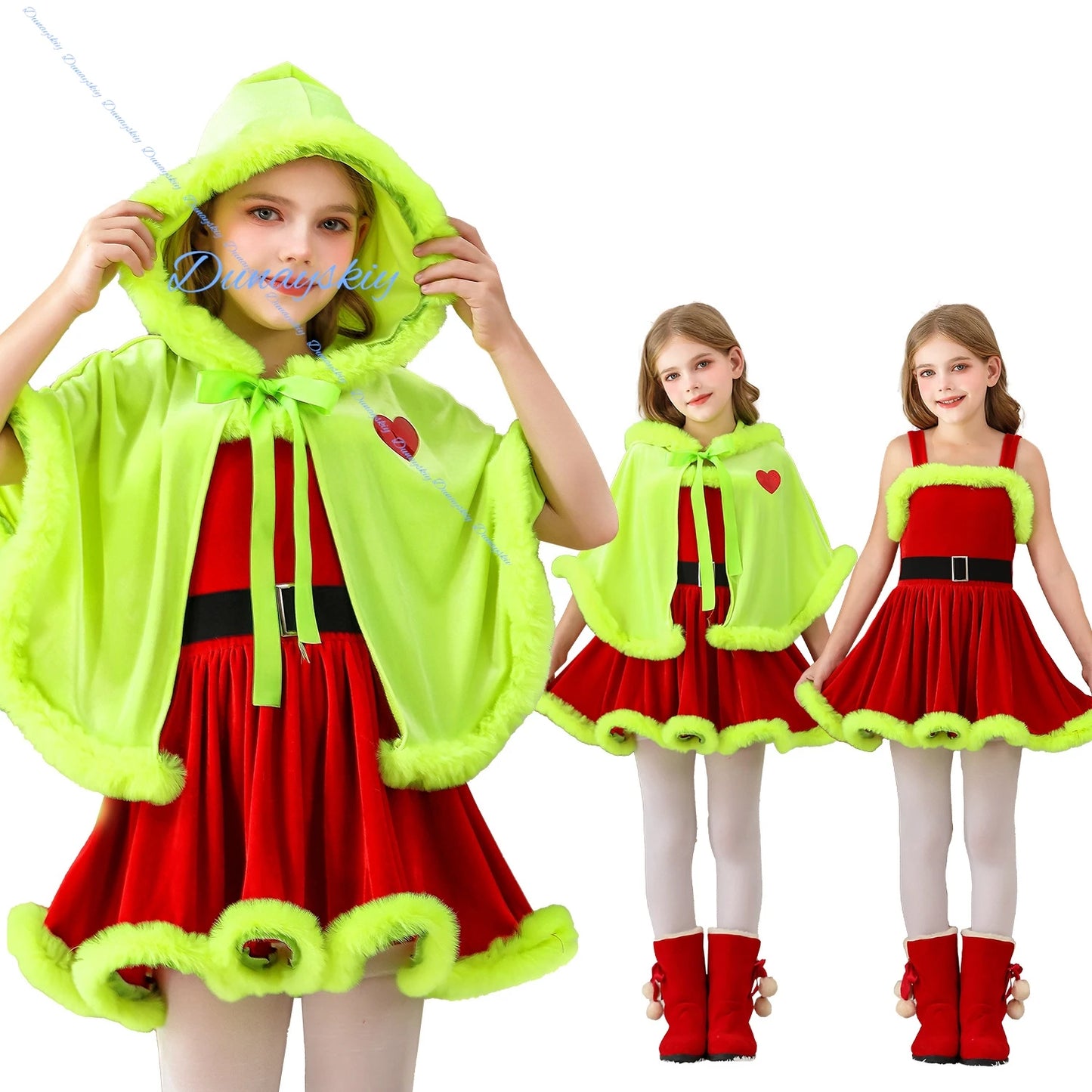 Kids Themed Christmas Costume Dress Green Cape Red Dress Style Santa Children Clothing Christmas Party Outfit costume