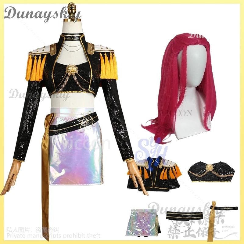 Korea Idol Girls Uniform Kpop Demon Cosplay Mira Huntrix Golden Stage Costume Black Punk Coat Mini Dress Lolita 코스프레 Halloween