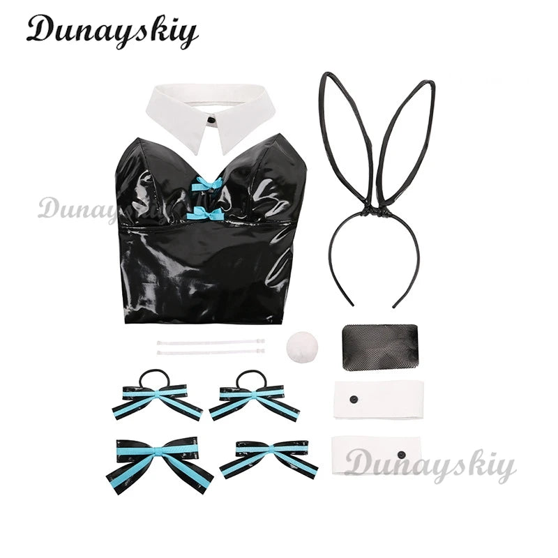 Anime Chuyin Rabbit Cosplay hole Black Leather Bunny Girl Sexy Cute Halloween Cosplay Costume Headdresses Clothes Bows girl Wig