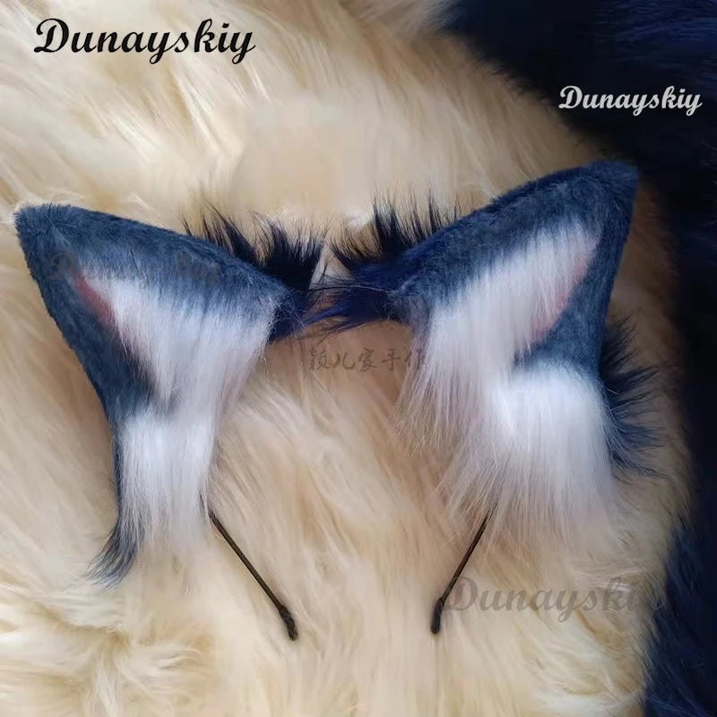 Handmade Deep Blue Wolf Ear Fox Ear Hairband Headwear Dog Ear KC Hair Clip Costume Accessories Tail Animal Ear Cosplay Props