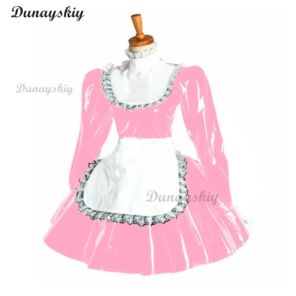 Puff Long Sleeve Gothic Mini Dress Cosplay Women Lolita Bowknot Lace Apron Dress PVC Wetlook Maid Cosplay Halloween Maid costume