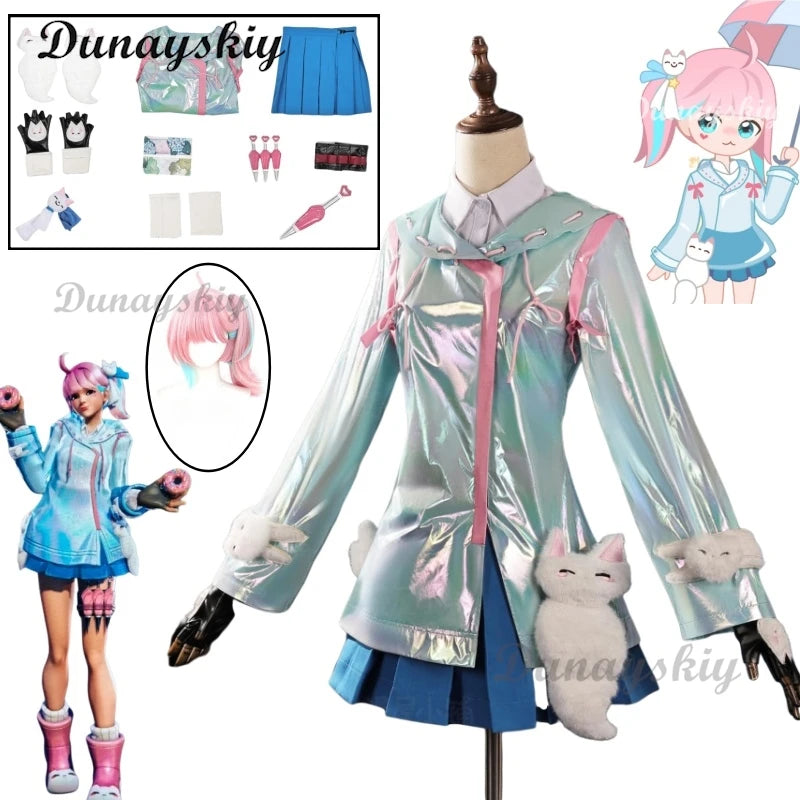 Kiriko Game Dance In Rain Cosplay Blue Coat Skirt Cute Suit Raincoat Women Girl Costume Carnival Party Outfit Cos Set Customized