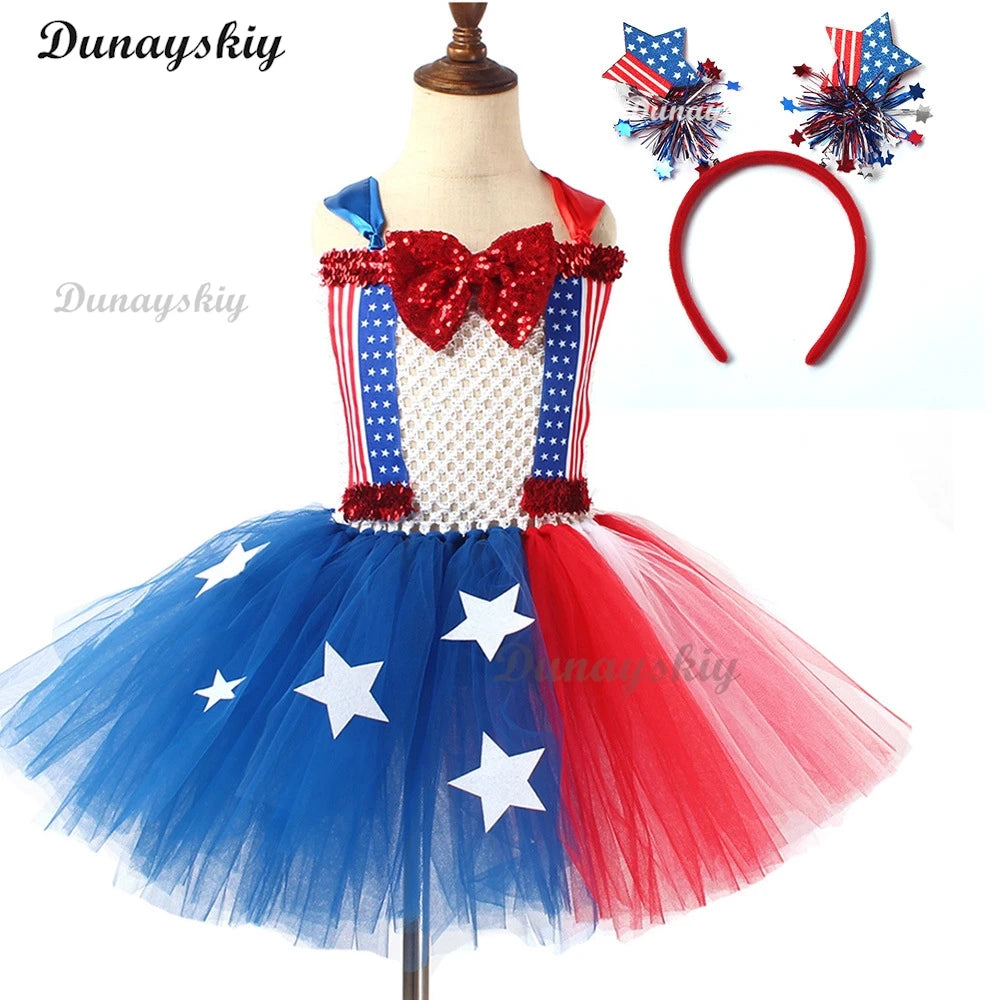 American Flag Sequin Bow Cosplay Costume Girls Tutu Dress USA Independence Day Stars Carnival Holiday Outfit Patriotic Clothes