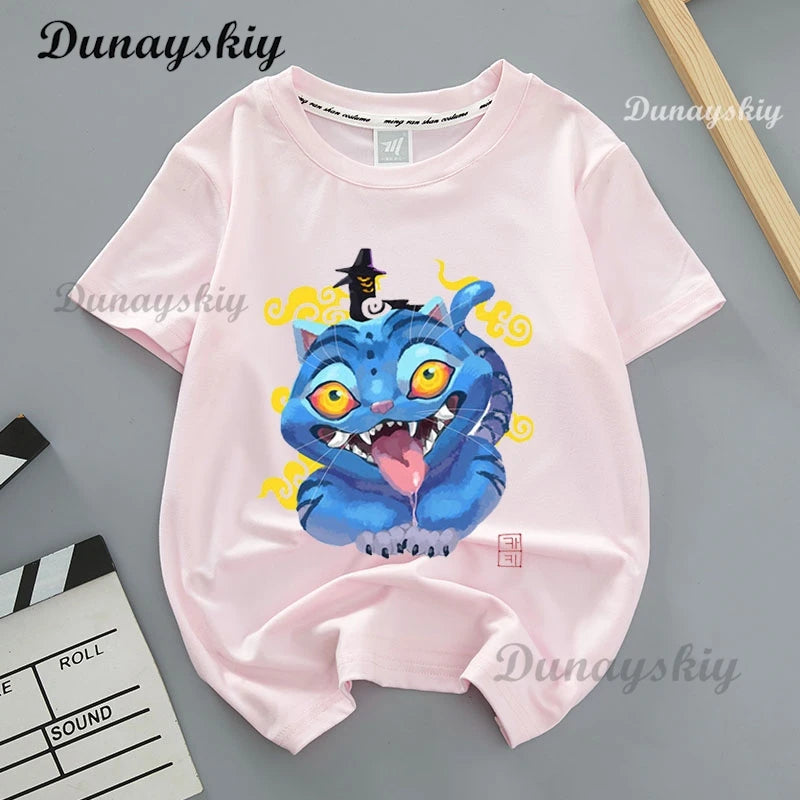 Kpop Demon Hunters Cosplay Merch T-shirt for Children K-Pop Demon Hunters Tiger Print Fashion Tops Casual Movie T Shirt