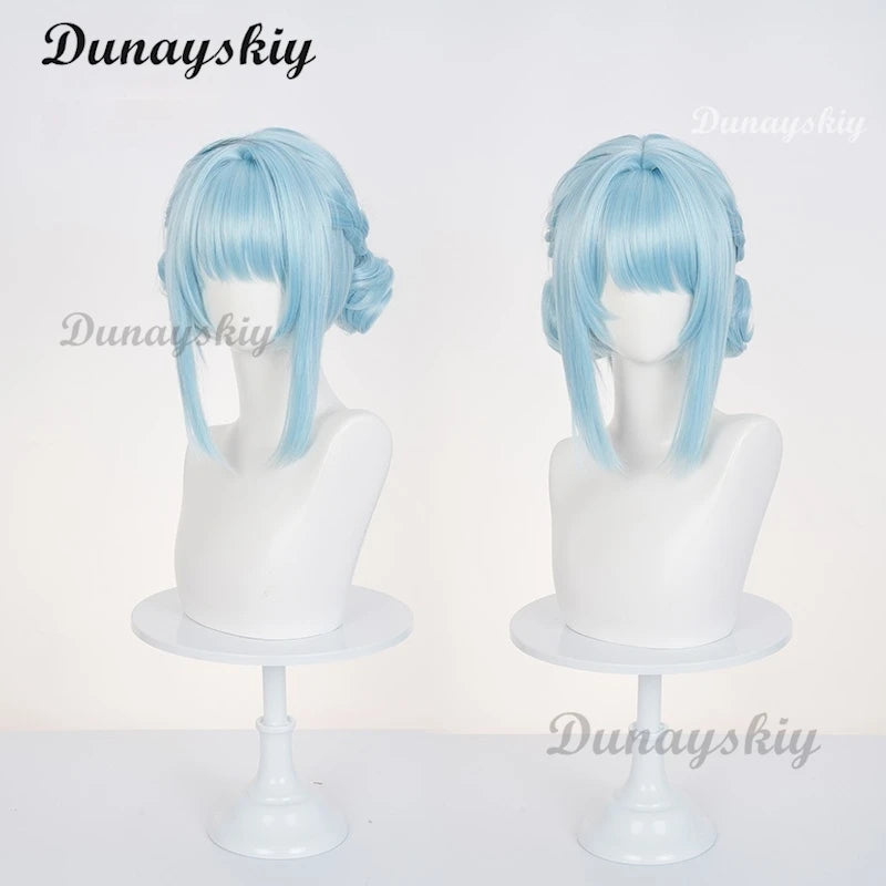 Genshin Impact Ineffa Cosplay Wig Light Blue Double Braid Bun Hair Wigs For Women Gilrs Vanilla Planifolia Carnival Free Wig Cap