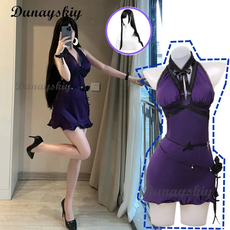 Game Final VII Tifa Lockhart Cosplay Costume Women Purple Sexy Dress Party Halloween