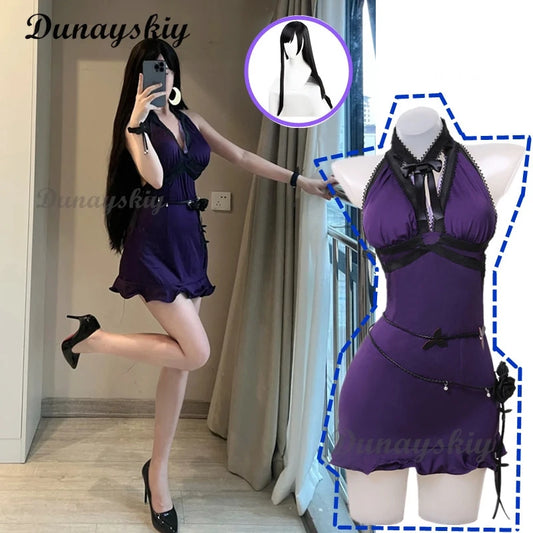Game Final VII Tifa Lockhart Cosplay Costume Women Purple Sexy Dress Party Halloween