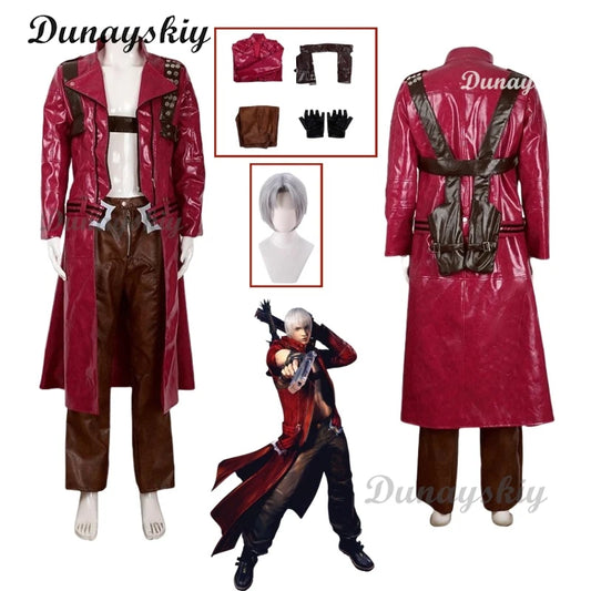 Game Devil Cos May Cry 3 Dante Red Long Poncho Cosplay Costumes Wig Pant Necklace Uniforms Jacket Halloween Carnival