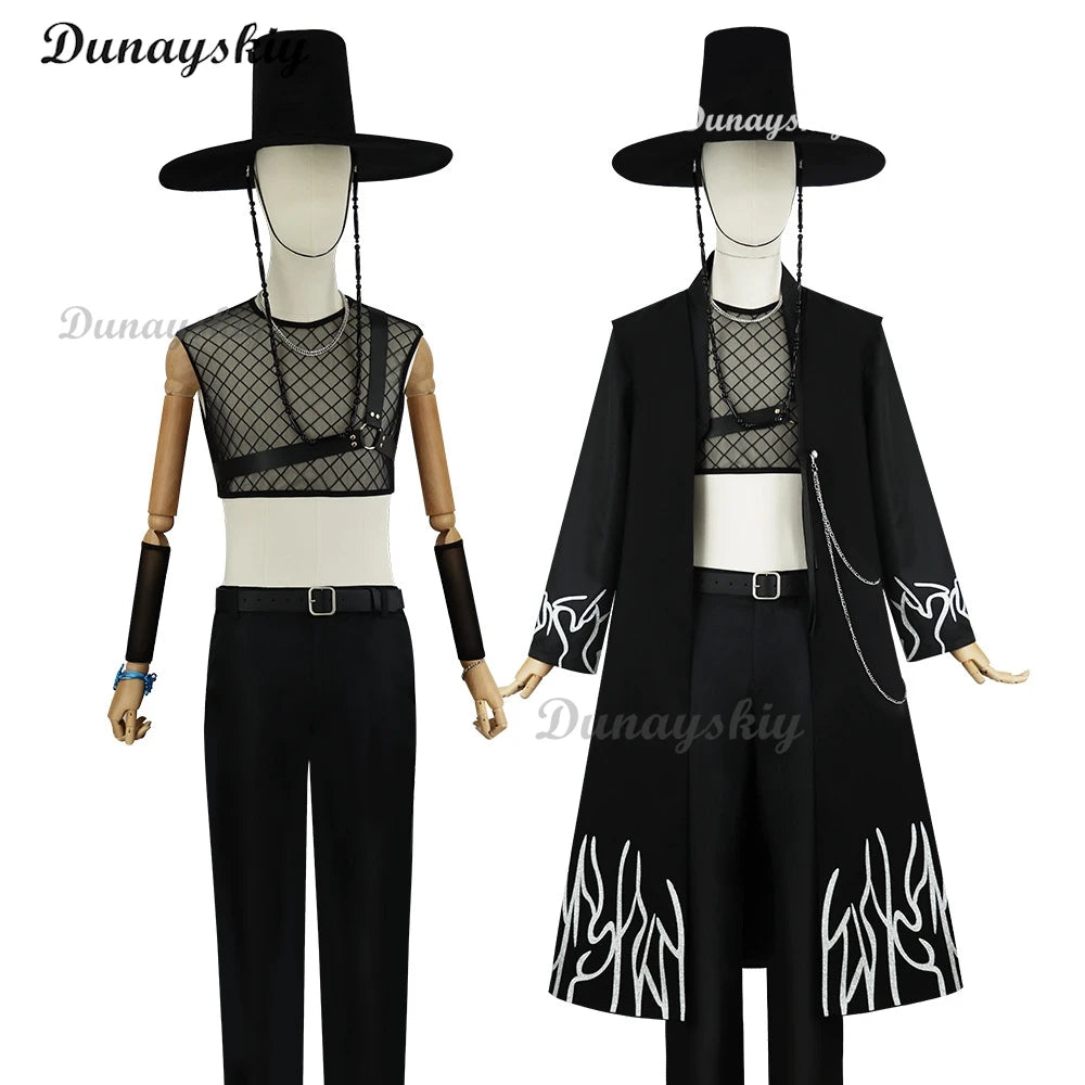 Anime KPop Demon Hunters Saja Boys Cosplay Costume Wig Black Uniform Outfit For Men Women Baby Coat Hat Belt Props Carnival