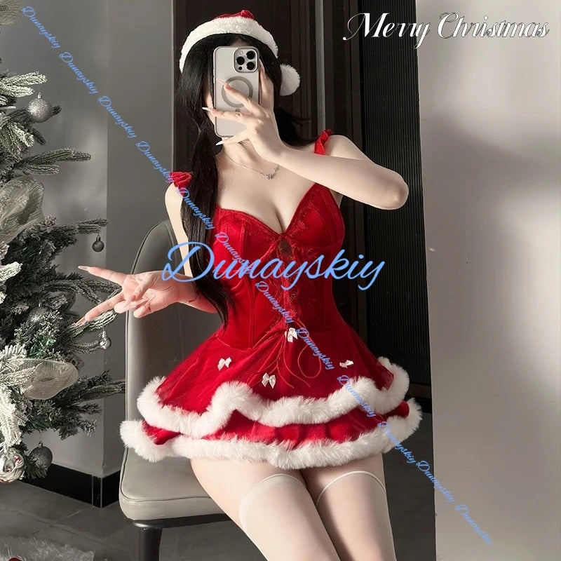 Sexy Christmas Cat Costume Suit Women's Sleepwear Pure Red Dress Chest Illusion Outwear Halloween Christmas Uniform