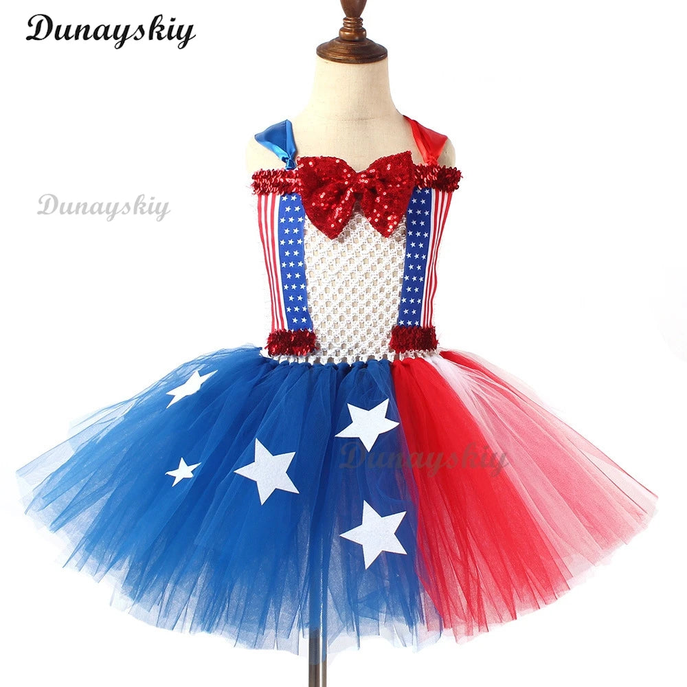 American Flag Sequin Bow Cosplay Costume Girls Tutu Dress USA Independence Day Stars Carnival Holiday Outfit Patriotic Clothes