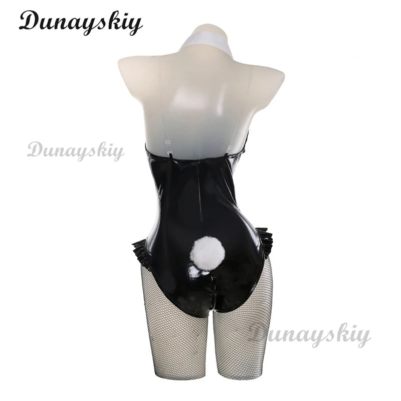 Anime Chuyin Rabbit Cosplay hole Black Leather Bunny Girl Sexy Cute Halloween Cosplay Costume Headdresses Clothes Bows girl Wig
