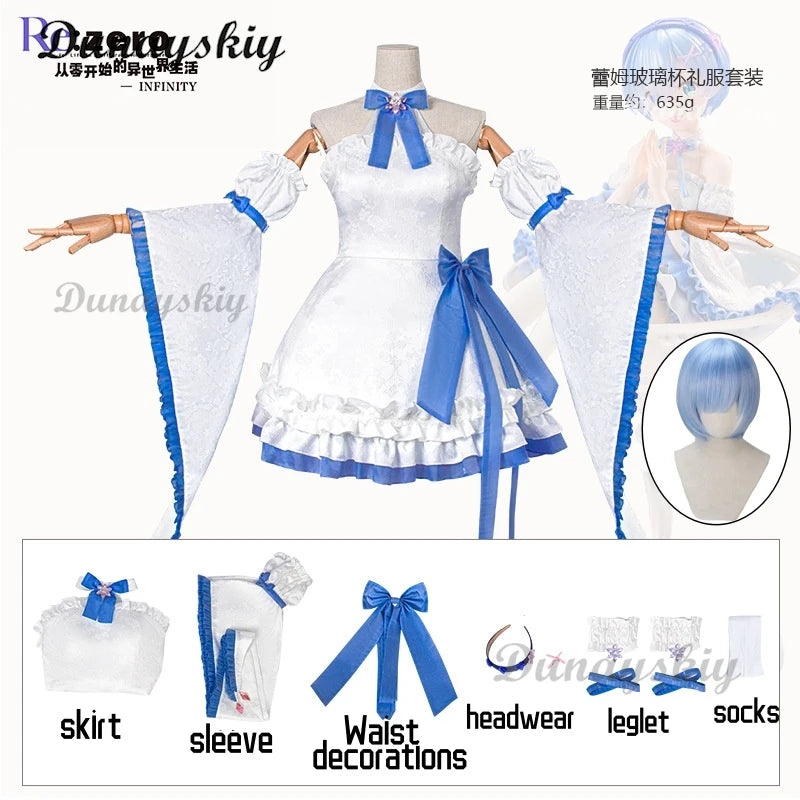 Anime Re:Life in a Different World Rem Cosplay Crystal Maid Uniform Costume Wig Anime Lolita Girls Role Play Haedwear Dress