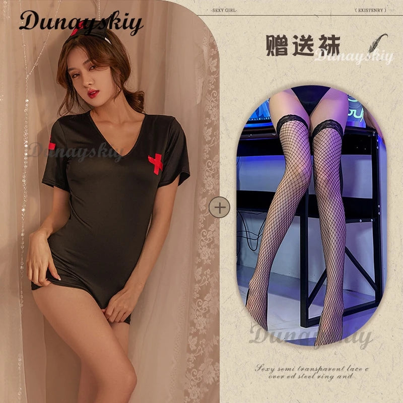 Temptation Nurse Outfit Cosplay Costume Sex Underwear Hip-Length Pink Black White Sexy Hot Nurse Lingerie Cosplay Women Charming