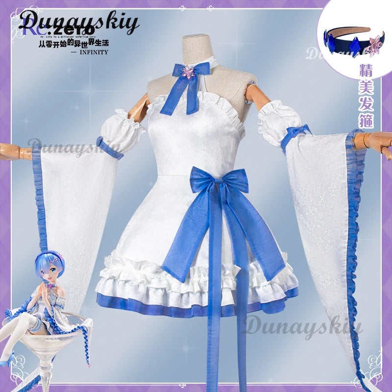 Anime Re:Life in a Different World Rem Cosplay Crystal Maid Uniform Costume Wig Anime Lolita Girls Role Play Haedwear Dress