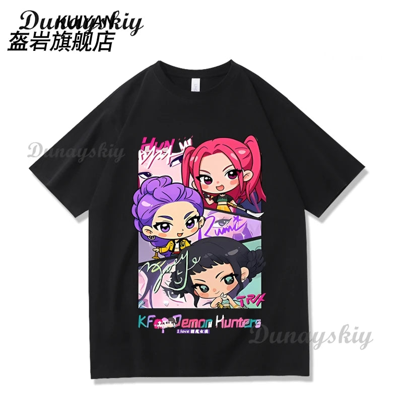 KPop Demon Hunters Cosplay T-shirt Wig Costume Superstar Rumi Mira Zoe Daily Black White Printed Top For Women Girls Clothing