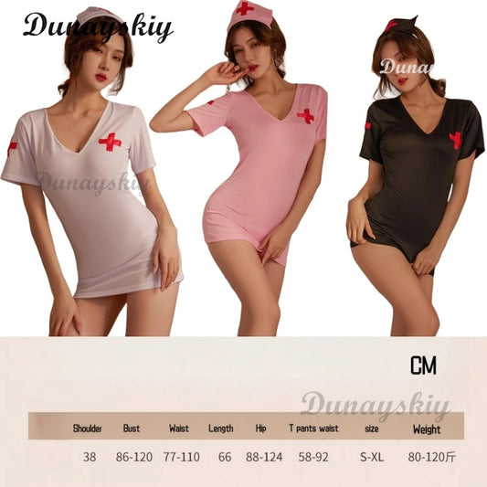Temptation Nurse Outfit Cosplay Costume Sex Underwear Hip-Length Pink Black White Sexy Hot Nurse Lingerie Cosplay Women Charming