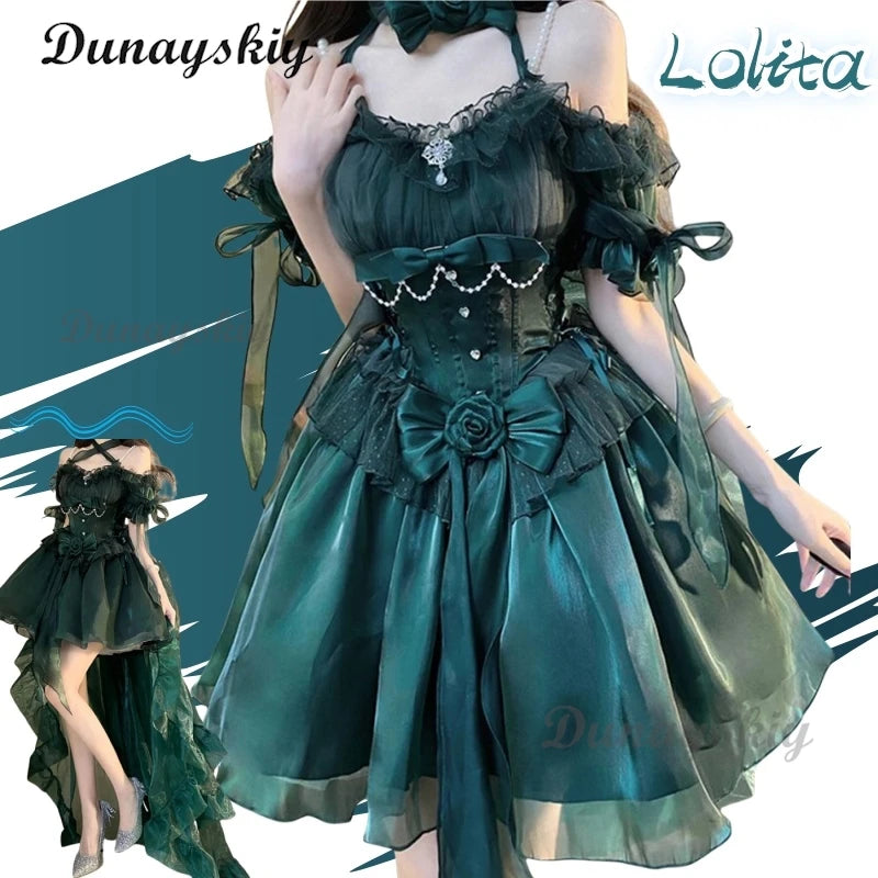 Exquisite Elegant Green Lolita Dress High Waist Slim Fit Bow Off -The-Shoulder Neck Suspender Dress Wedding Dress Customized