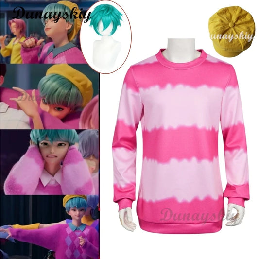 KPOP Huntrix Saja Boys Baby Cosplay Costume Wig Hat Pink Hoodie Y2K costume Halloween Disguise for Adult Outfit