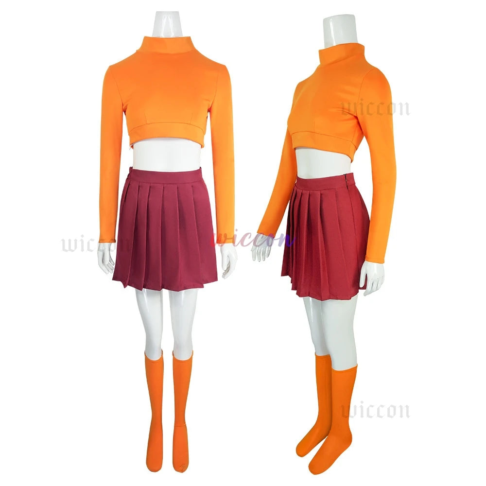 Anime Velma Seragam Cosplay Kostum Orange Short Skirt Uniform Wanita Oranye Kaus Kaki Rok Atas Halloween Party Carnival Set